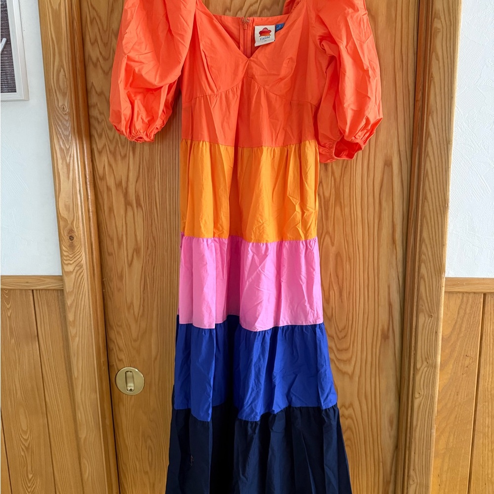 FARM Rio Colorblock Tiered Maxi Dress in Orange, Yellow, Pink, Blue, Navy - Picture 3 of 5
